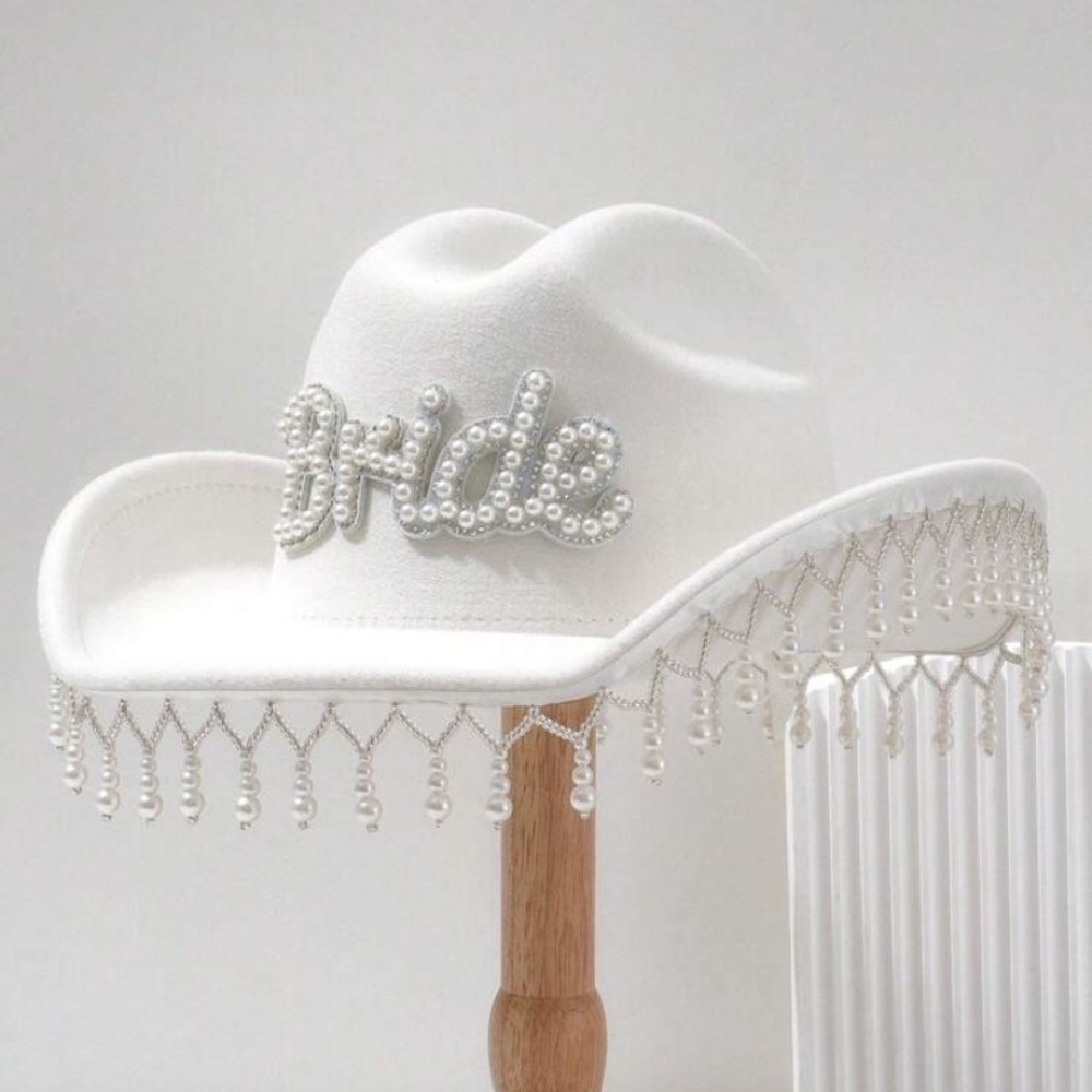 White Bridal Cowboy Hat with Pearls